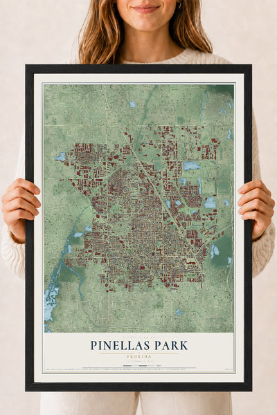 Pinellas Park, Florida map print, 18" x 24" W/ Black Ayous Wood Frame mockup