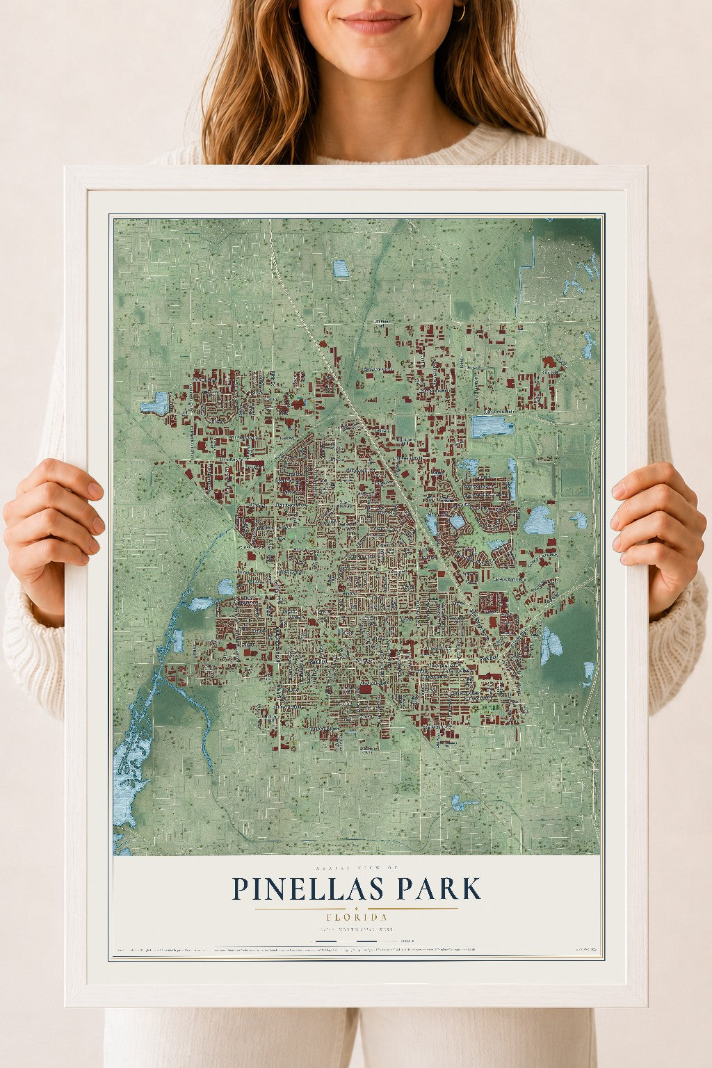 Pinellas Park, Florida map print, 18" x 24" W/ White Ayous Wood Frame mockup