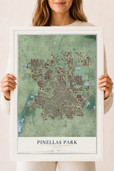Pinellas Park, Florida map print, 18" x 24" W/ White Ayous Wood Frame mockup