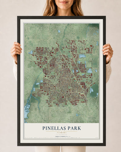 Pinellas Park, Florida map print, 24" x 36" W/ Black Ayous Wood Frame mockup