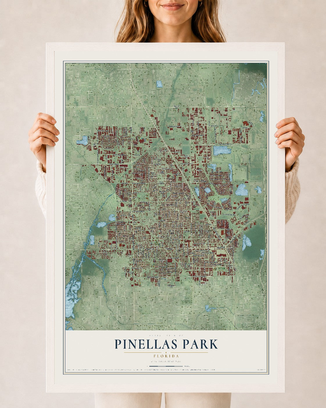 Pinellas Park, Florida map print, 24" x 36" W/ White Ayous Wood Frame mockup