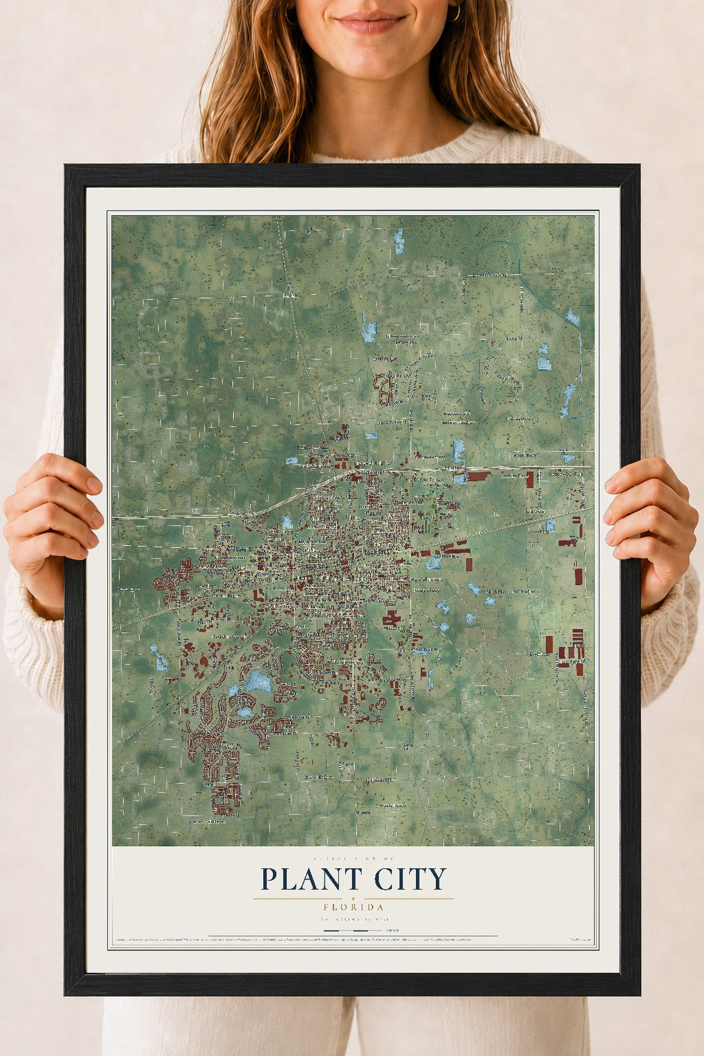 Plant City, Florida map print, 18" x 24" W/ Black Ayous Wood Frame mockup