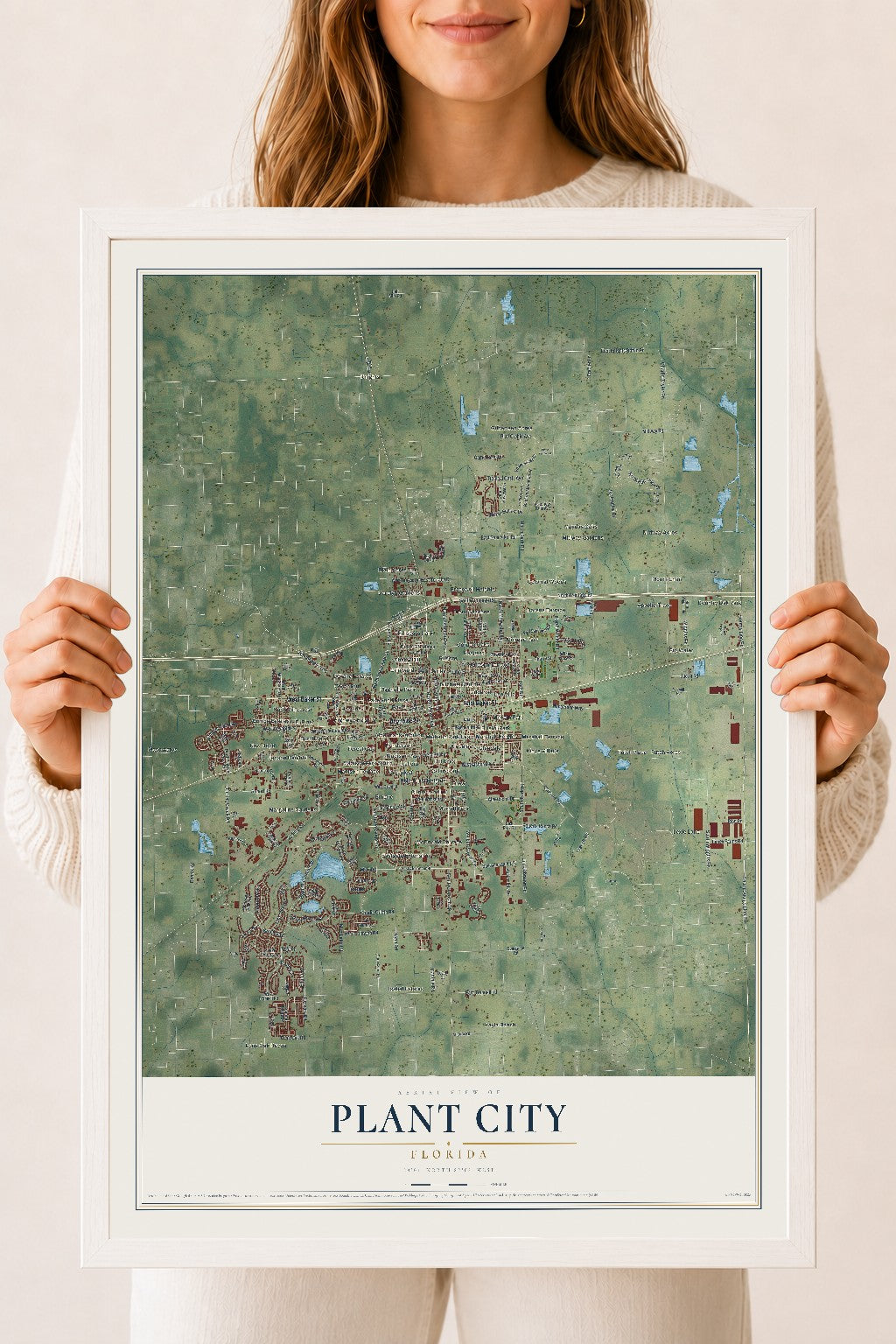 Plant City, Florida map print, 18" x 24" W/ White Ayous Wood Frame mockup