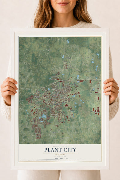 Plant City, Florida map print, 18" x 24" W/ White Ayous Wood Frame mockup
