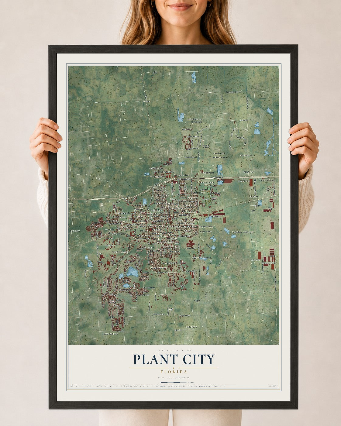 Plant City, Florida map print, 24" x 36" W/ Black Ayous Wood Frame mockup