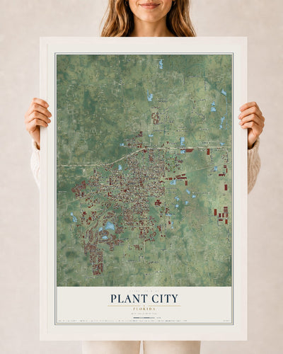 Plant City, Florida map print, 24" x 36" W/ White Ayous Wood Frame mockup
