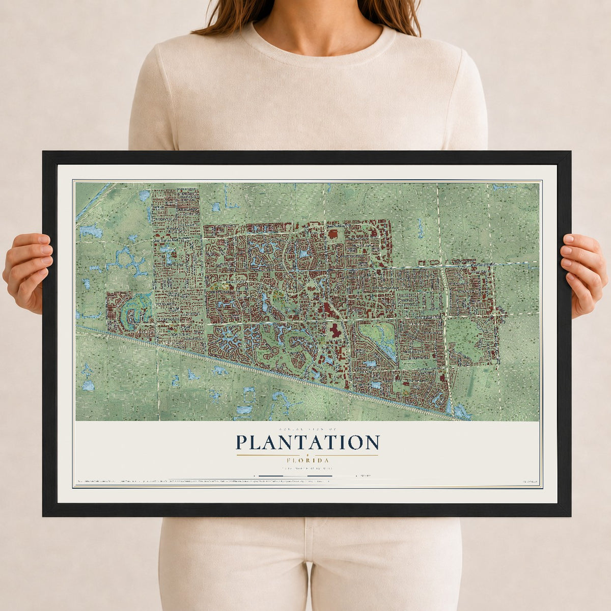 Plantation, Florida map print, 12" x 18" W/ Black Ayous Wood Frame mockup