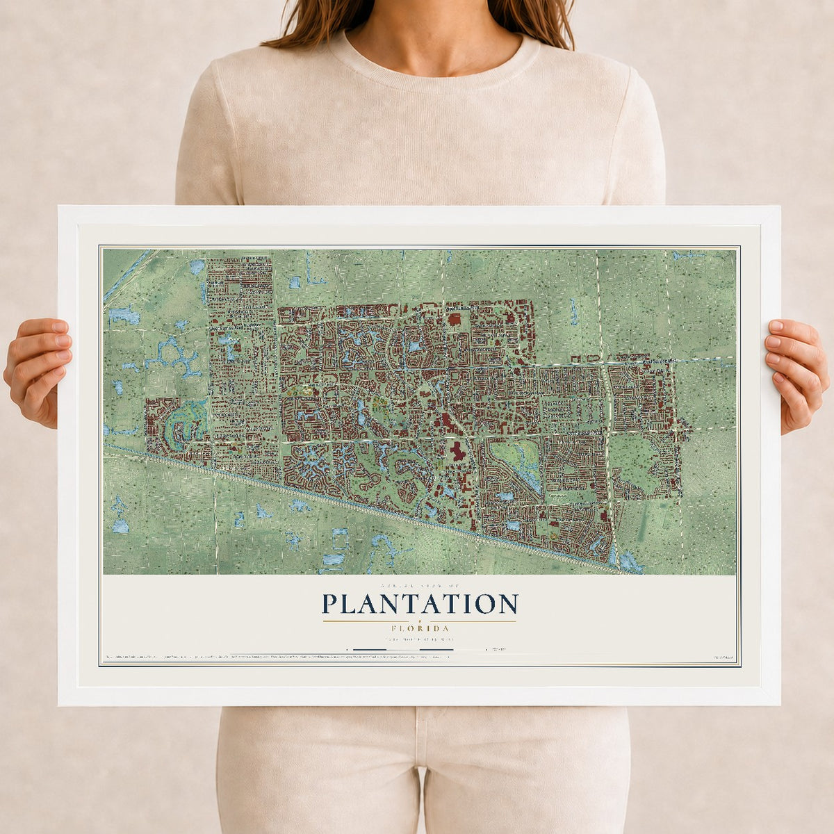 Plantation, Florida map print, 12" x 18" W/ White Ayous Wood Frame mockup
