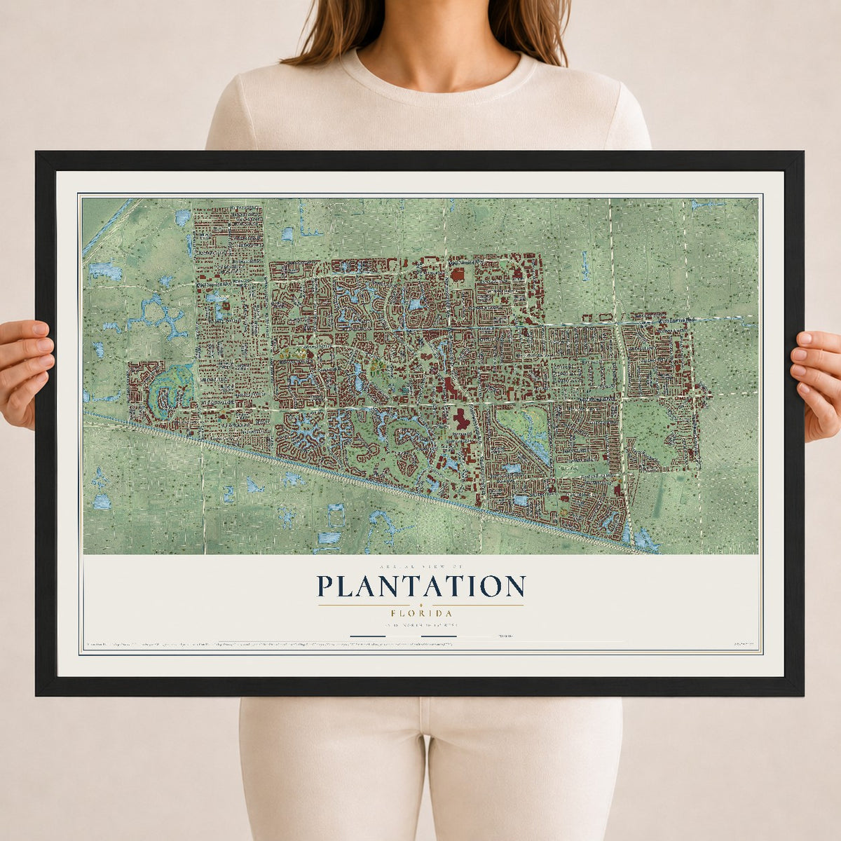 Plantation, Florida map print, 18" x 24" W/ Black Ayous Wood Frame mockup