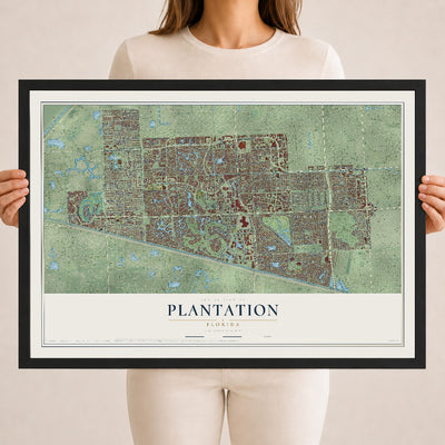 Plantation, Florida map print, 18" x 24" W/ Black Ayous Wood Frame mockup