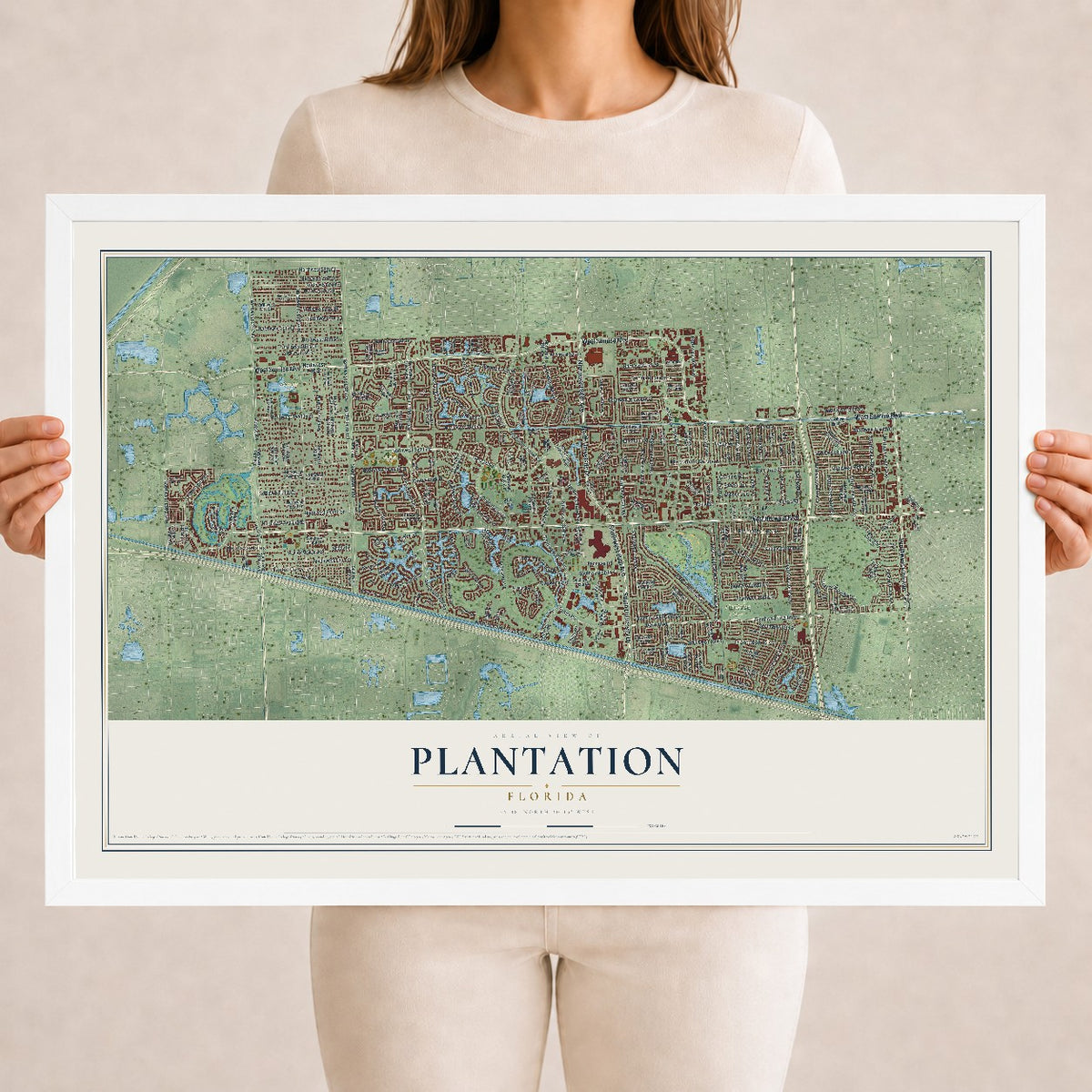 Plantation, Florida map print, 18" x 24" W/ White Ayous Wood Frame mockup