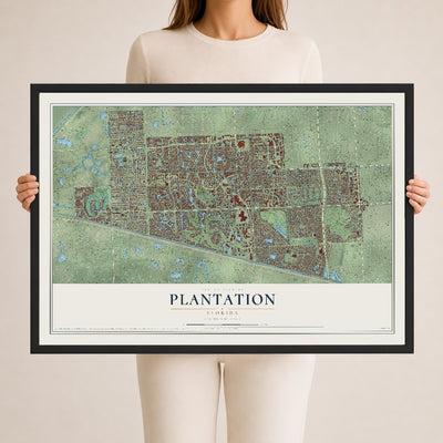 Plantation, Florida map print, 24" x 36" W/ Black Ayous Wood Frame mockup
