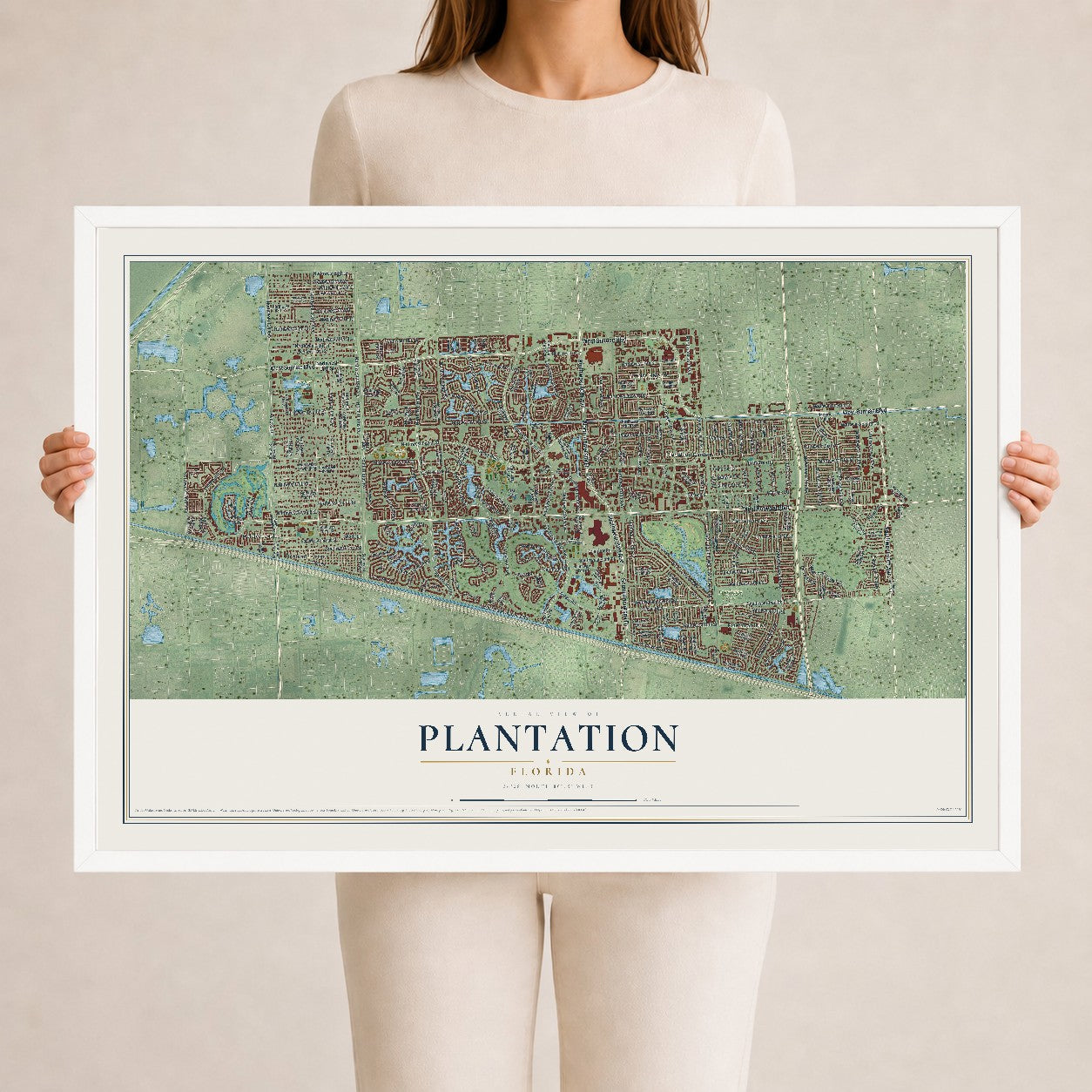 Plantation, Florida map print, 24" x 36" W/ White Ayous Wood Frame mockup
