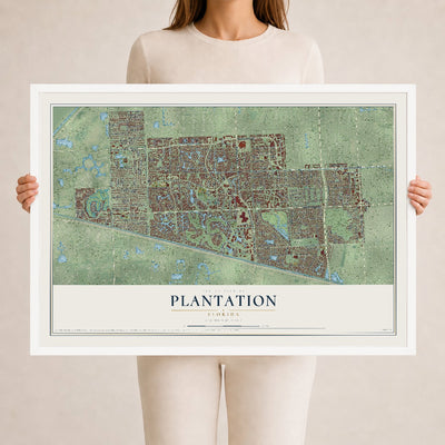 Plantation, Florida map print, 24" x 36" W/ White Ayous Wood Frame mockup