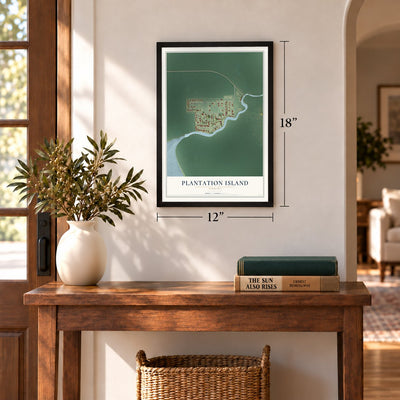 Plantation Island, Florida map, 12 x 18 inch print in a black frame in an entryway