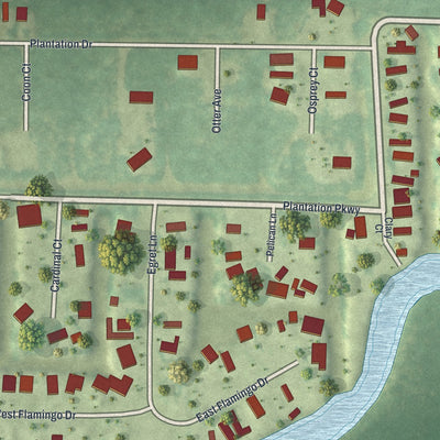 Close-up of the map of Plantation Island, Florida print showing street and building detail