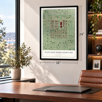 Plantation Mobile Home Park, Florida map, 18 x 24 inch print in a black frame in a home office
