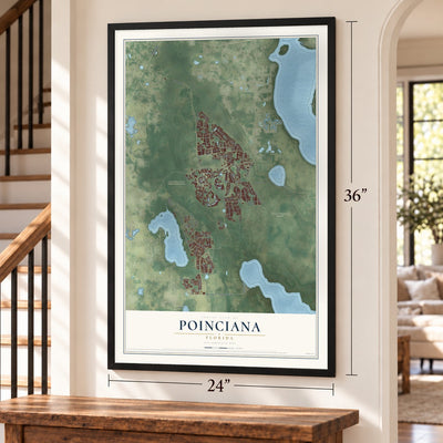 Poinciana, Florida map, 24 x 36 inch print in a black frame by a staircase