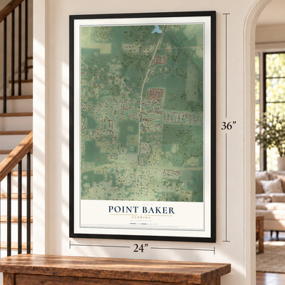 Point Baker, Florida map, 24 x 36 inch print in a black frame by a staircase