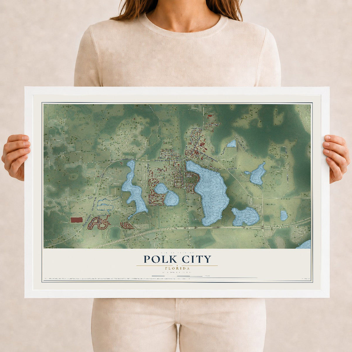 Polk City, Florida map print, 12" x 18" W/ White Ayous Wood Frame mockup