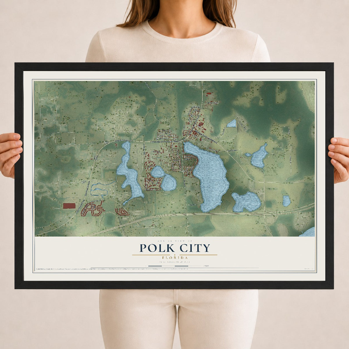Polk City, Florida map print, 18" x 24" W/ Black Ayous Wood Frame mockup