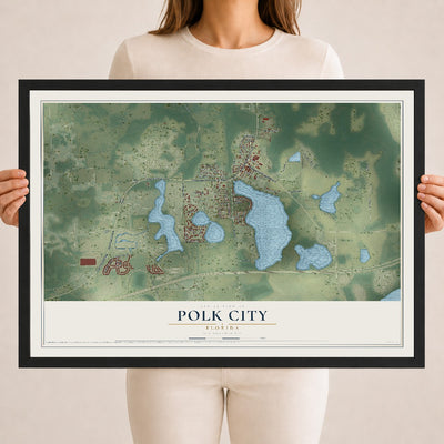Polk City, Florida map print, 18" x 24" W/ Black Ayous Wood Frame mockup
