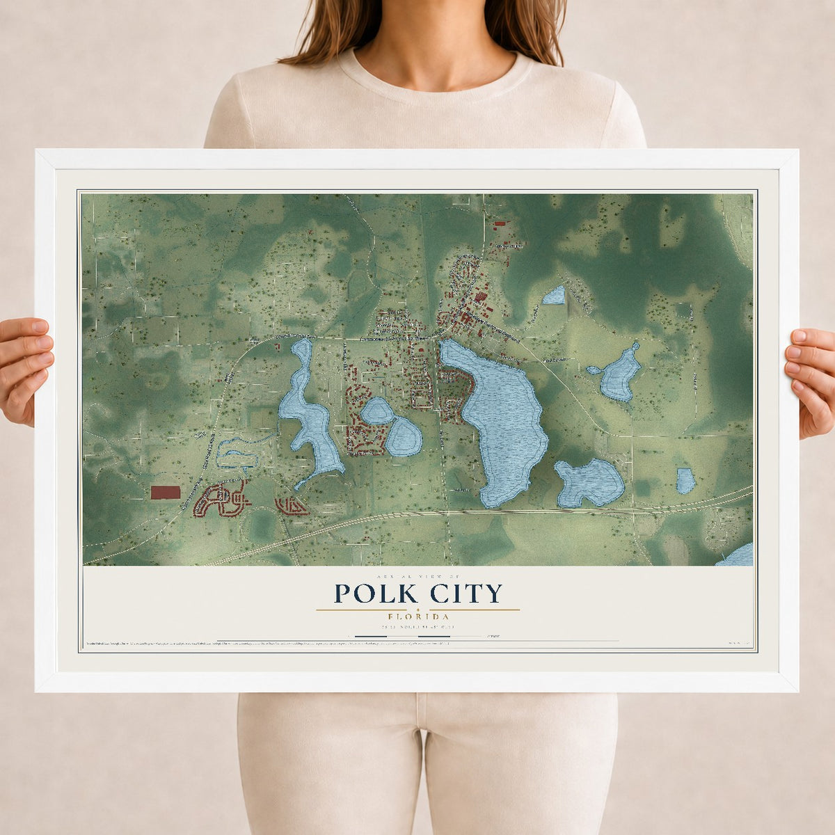 Polk City, Florida map print, 18" x 24" W/ White Ayous Wood Frame mockup