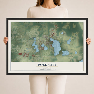 Polk City, Florida map print, 24" x 36" W/ Black Ayous Wood Frame mockup