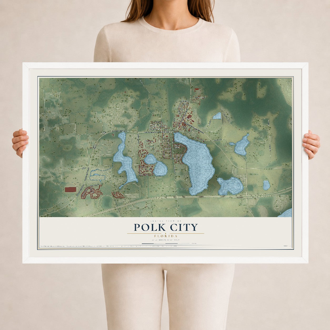 Polk City, Florida map print, 24" x 36" W/ White Ayous Wood Frame mockup