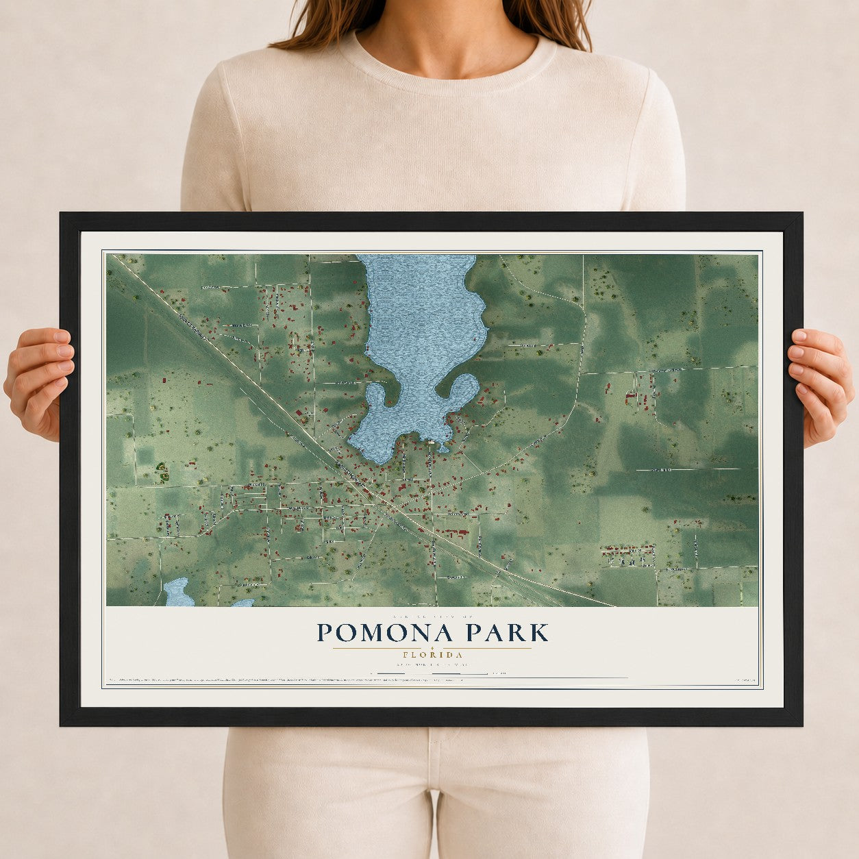 Pomona Park, Florida map print, 12" x 18" W/ Black Ayous Wood Frame mockup