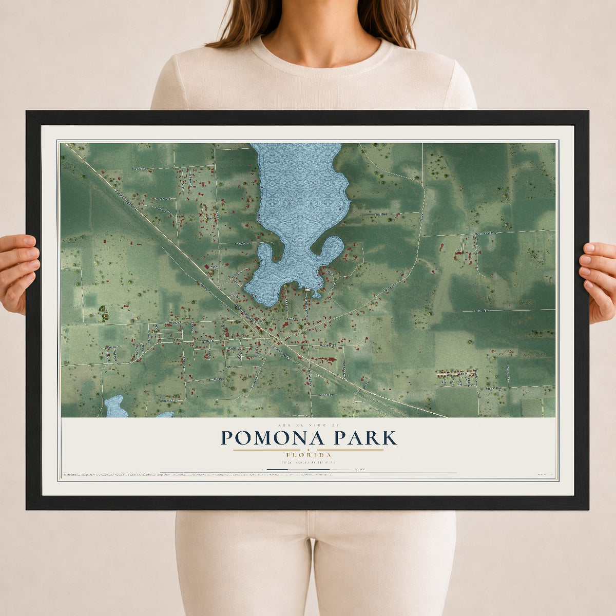 Pomona Park, Florida map print, 18" x 24" W/ Black Ayous Wood Frame mockup