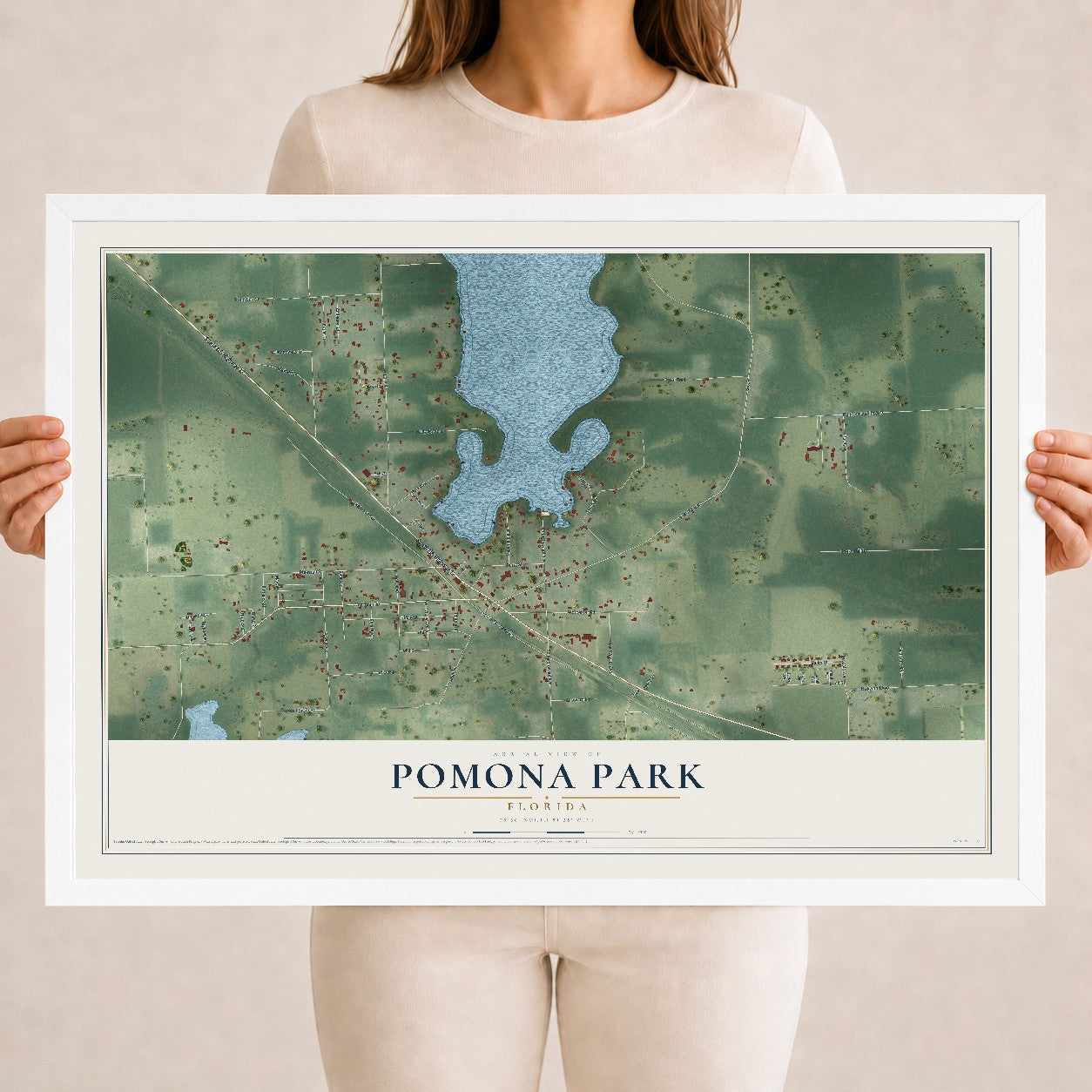 Pomona Park, Florida map print, 18" x 24" W/ White Ayous Wood Frame mockup