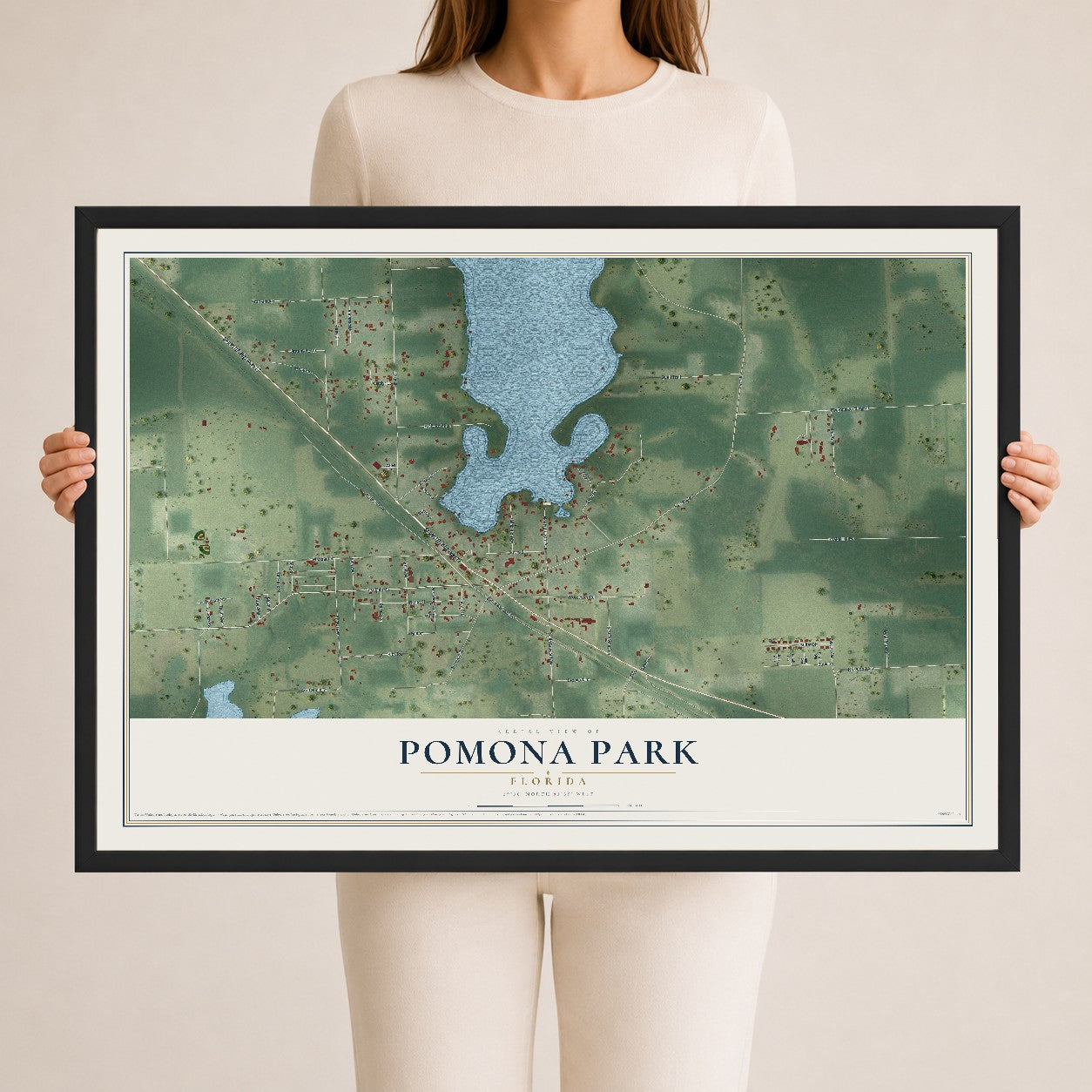 Pomona Park, Florida map print, 24" x 36" W/ Black Ayous Wood Frame mockup