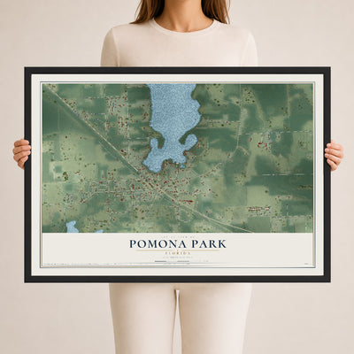 Pomona Park, Florida map print, 24" x 36" W/ Black Ayous Wood Frame mockup