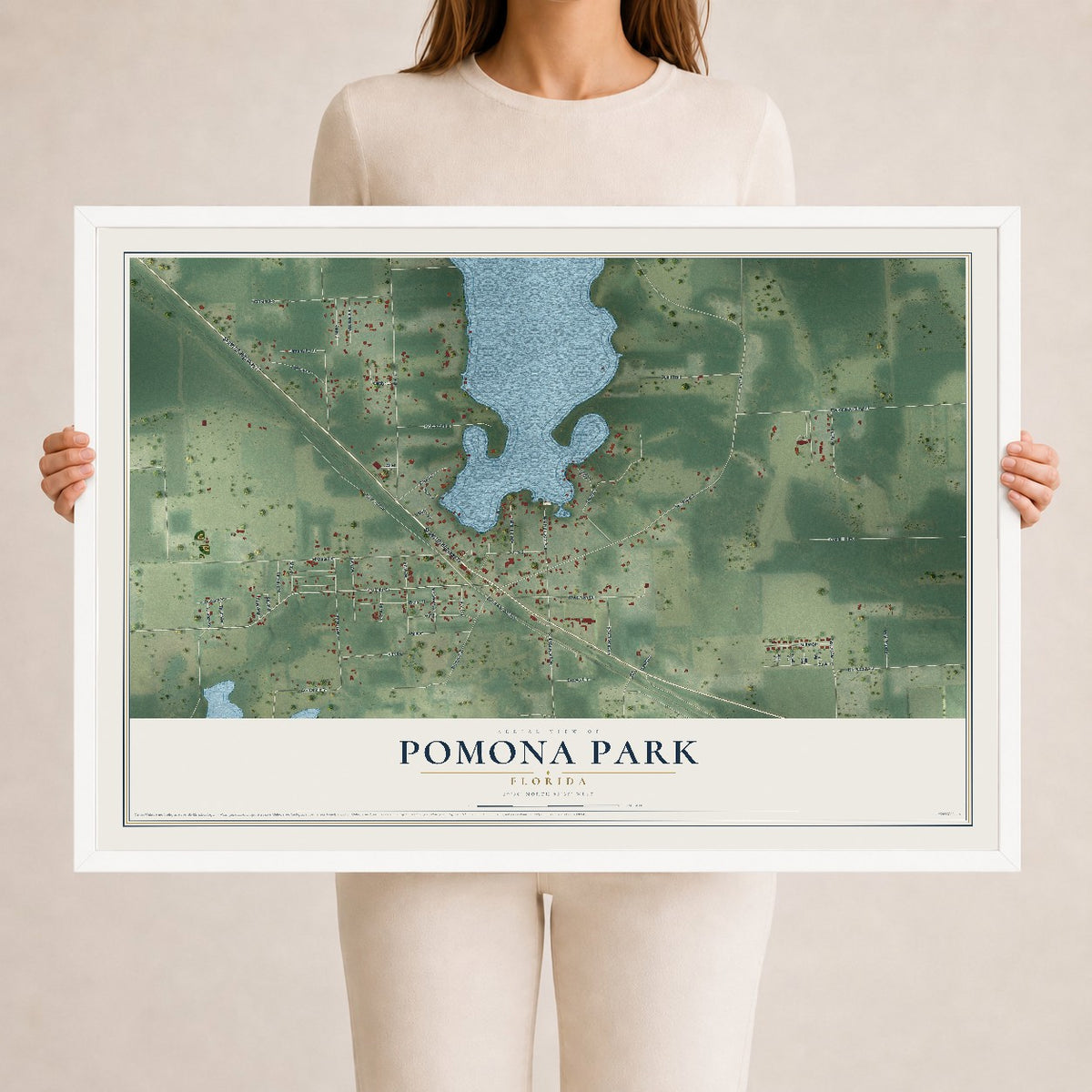 Pomona Park, Florida map print, 24" x 36" W/ White Ayous Wood Frame mockup