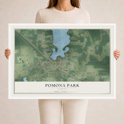 Pomona Park, Florida map print, 24" x 36" W/ White Ayous Wood Frame mockup