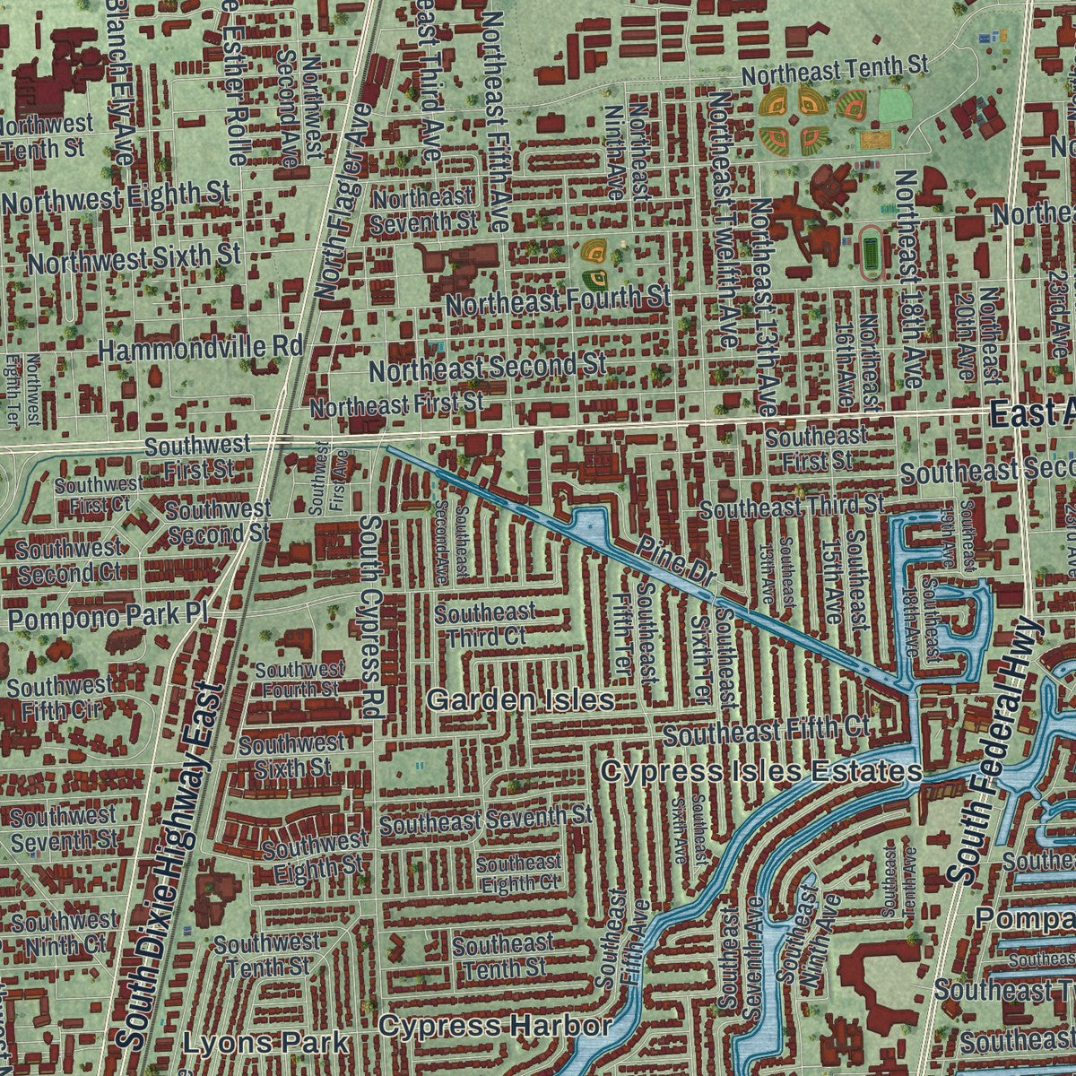 Close-up 1 of the Pompano Beach, Florida map artwork
