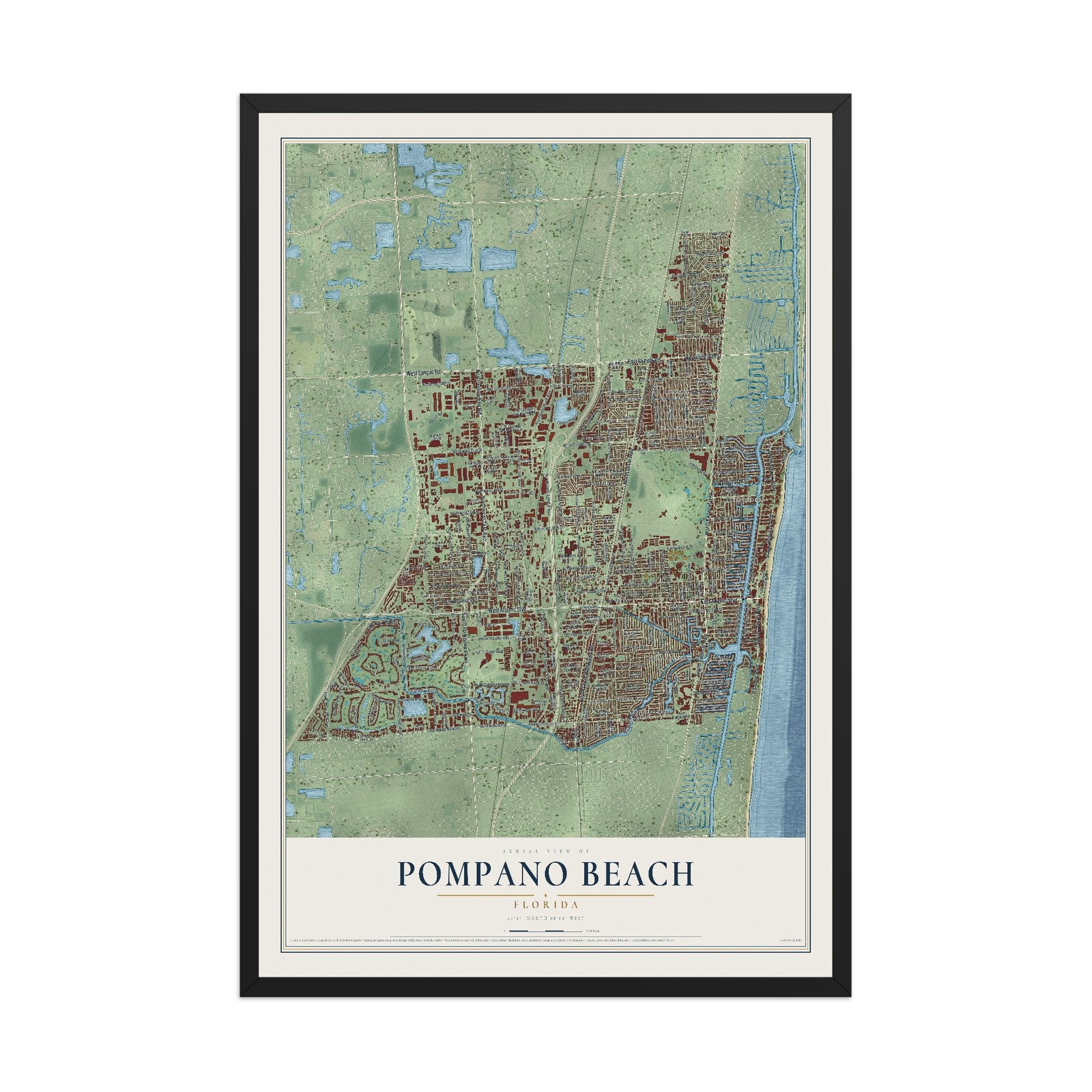 Pompano Beach, Florida map print, 12" x 18" W/ Black Ayous Wood Frame mockup