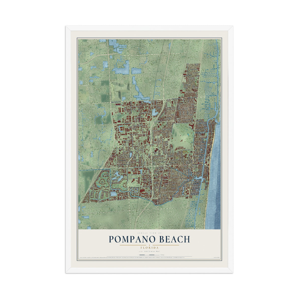 Pompano Beach, Florida map print, 12" x 18" W/ White Ayous Wood Frame mockup