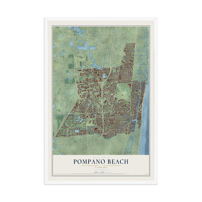 Pompano Beach, Florida map print, 12" x 18" W/ White Ayous Wood Frame mockup