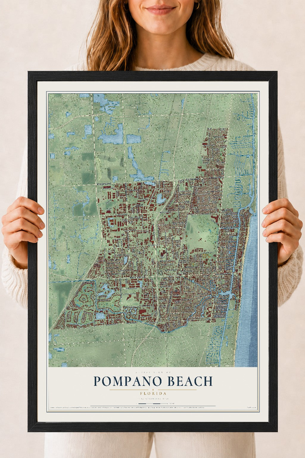 Pompano Beach, Florida map print, 18" x 24" W/ Black Ayous Wood Frame mockup