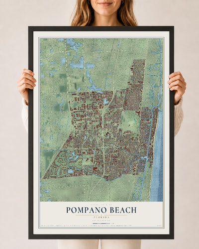 Pompano Beach, Florida map print, 24" x 36" W/ Black Ayous Wood Frame mockup