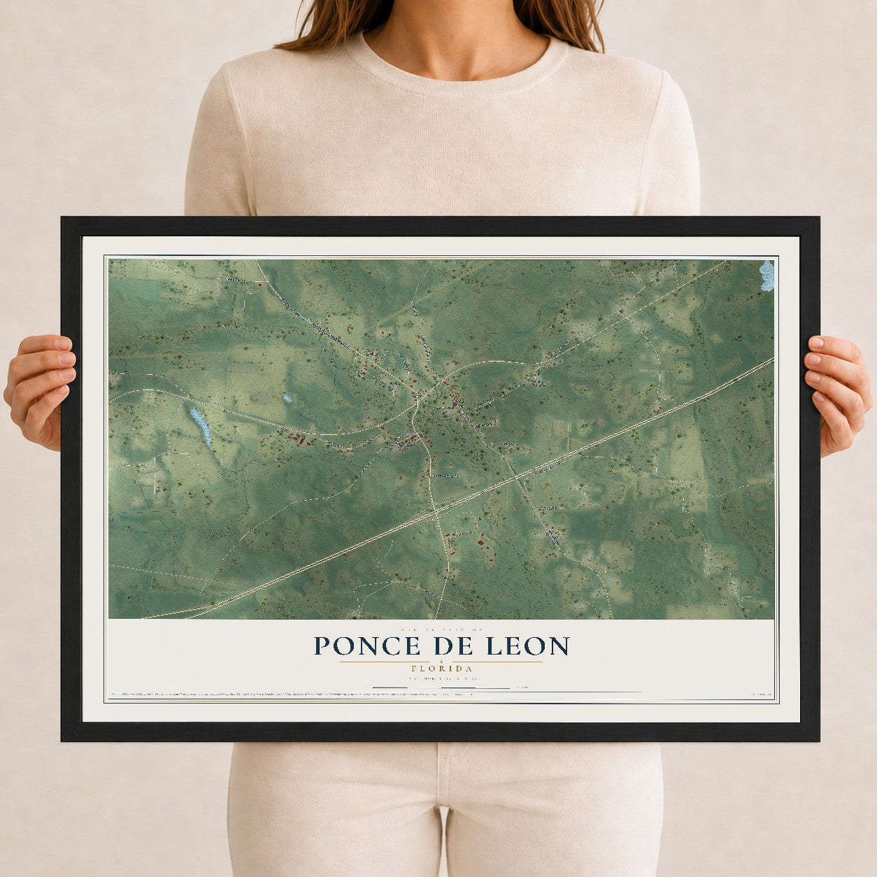 Ponce de Leon, Florida map print, 12" x 18" W/ Black Ayous Wood Frame mockup