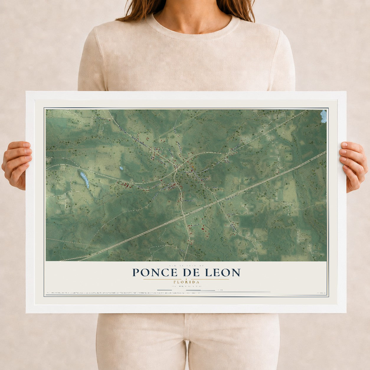 Ponce de Leon, Florida map print, 12" x 18" W/ White Ayous Wood Frame mockup