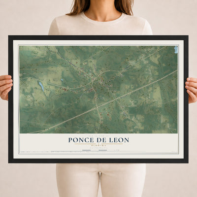 Ponce de Leon, Florida map print, 18" x 24" W/ Black Ayous Wood Frame mockup
