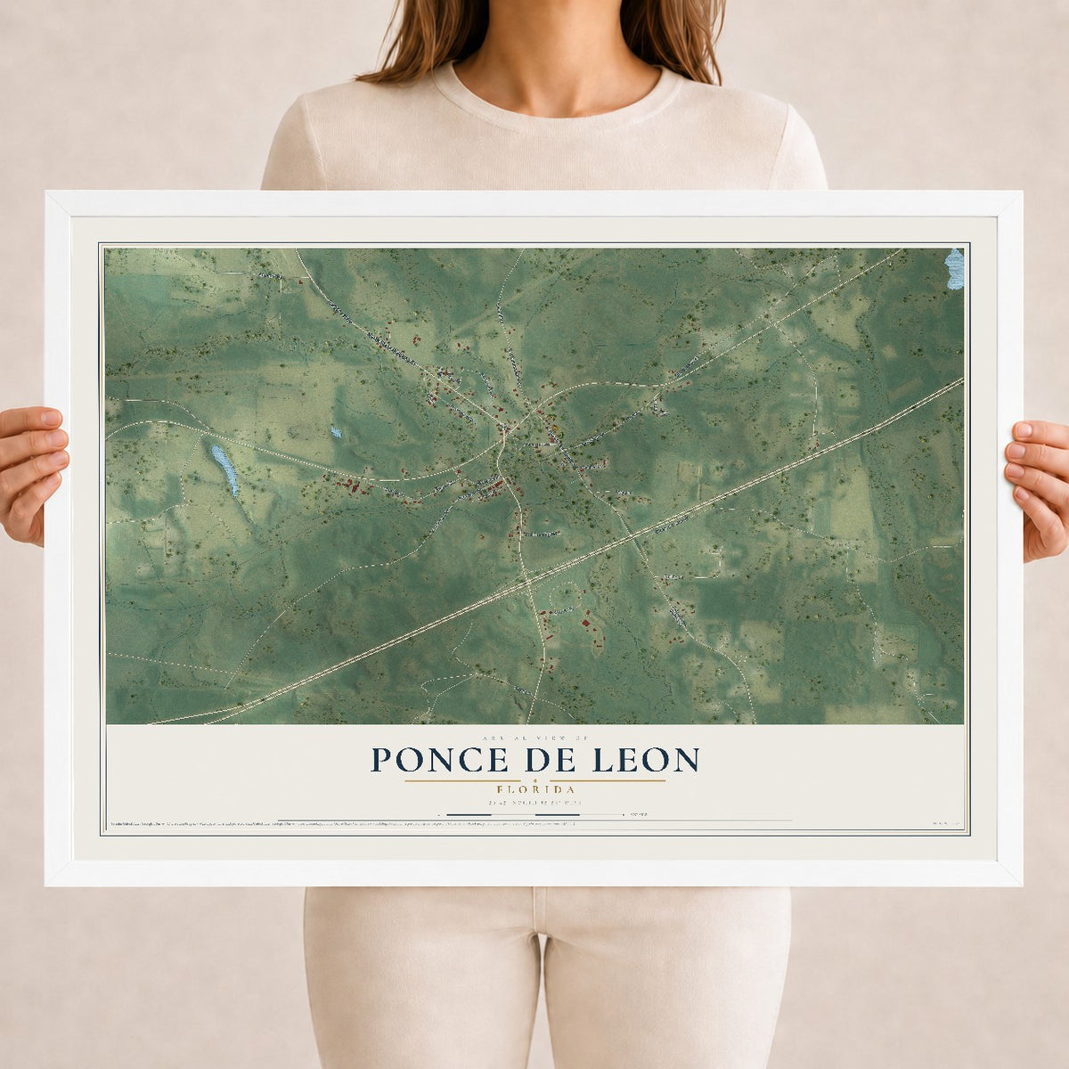 Ponce de Leon, Florida map print, 18" x 24" W/ White Ayous Wood Frame mockup