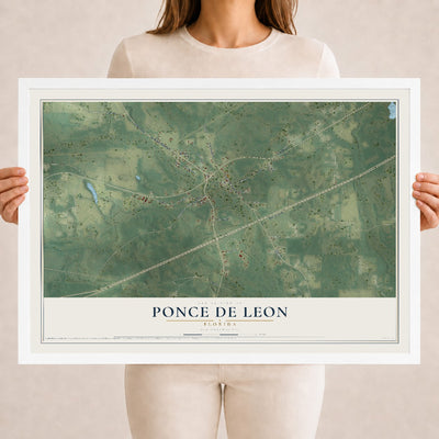 Ponce de Leon, Florida map print, 18" x 24" W/ White Ayous Wood Frame mockup