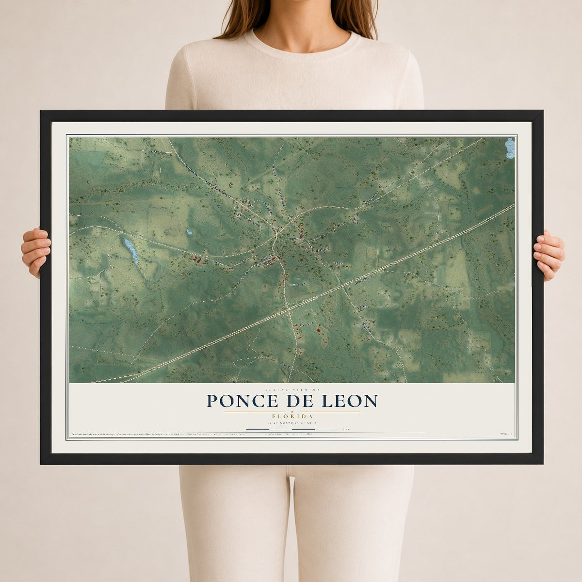 Ponce de Leon, Florida map print, 24" x 36" W/ Black Ayous Wood Frame mockup