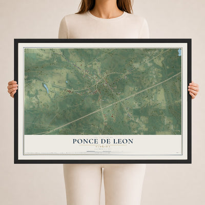 Ponce de Leon, Florida map print, 24" x 36" W/ Black Ayous Wood Frame mockup