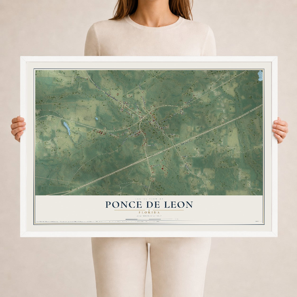 Ponce de Leon, Florida map print, 24" x 36" W/ White Ayous Wood Frame mockup